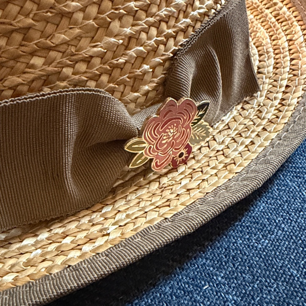 Woven natural Sun Hat with Brown Grosgrain Bow and Pink Floral Pin